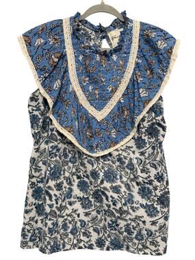 Fox & Hen Blue Floral Lace Trim Boho Peasant Blouse Ruffle Neck Size L